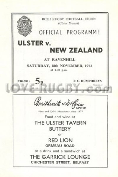 1972 Ulster v New Zealand  Rugby Programme